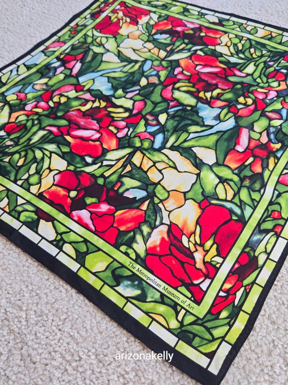 The Met Silk Scarf Neckerchief Tiffany Stained Glass Peony Flowers Peonies - Picture 5 of 8
